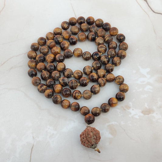 Tiger Eye MalaKette mit 7 Mukhi Rudraksha Tigerauge Edelstein