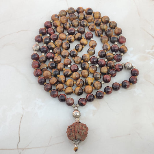 Tiger Eye MalaKette mit 7 Mukhi Rudraksha Tigerauge Edelstein
